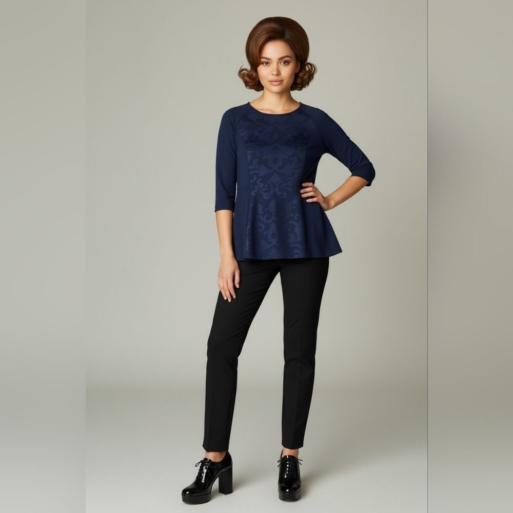 Luisa Serano Navy Fit and Flare 3/4 Sleeve Top - Picture 3 of 14